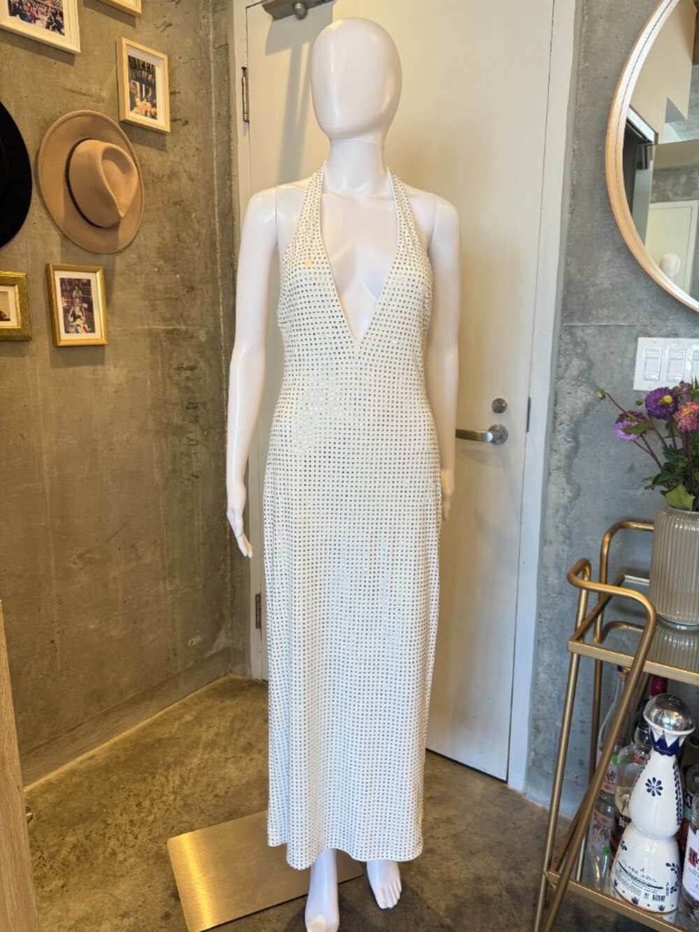 Zara Mirror Halter Dress White Silver Square Mirror Studs Plunge Racer Back